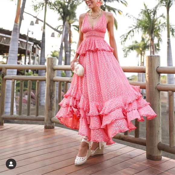 rococo sand metallic dot tiered ruffle maxi dress Beige Tiered Ruffle Polka Dot Charmeuse Gown